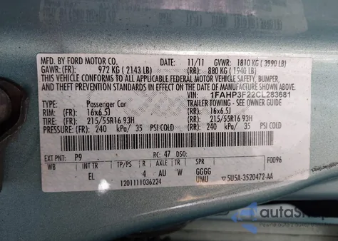 2012 Ford Focus Se from USA, damaged, VIN 1FAHP3F22CL283681